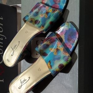 Vintage 90s Y2K Fiona Holographic Butterfly Flower Slides Heels Blue Size 10